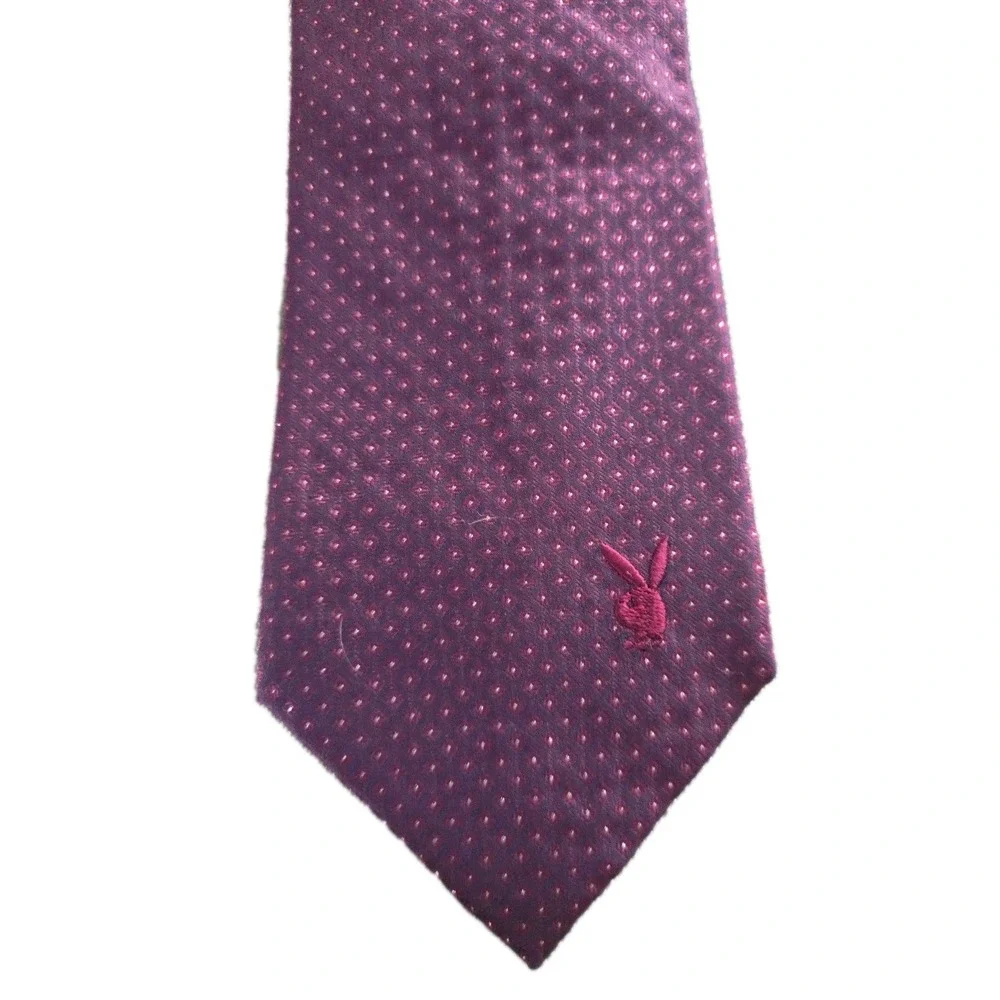 VTG Playboy Men's Tie Purple Pink Polka Dot Bunny Ears Logo Retro Silk Accessory